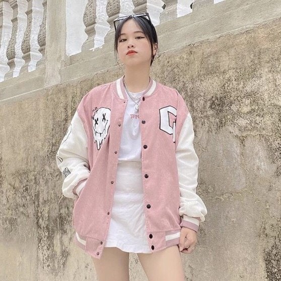 Áo Khoác Nhung Gân Tăm Bomber Jackets Thêu Logo G.O.N.Z Cúc Bấm Unisex Nam Nữ Form Rộng Ulzzang