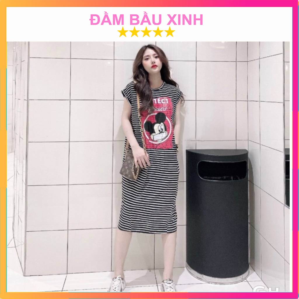 Đầm Bầu Suông Form Rộng Váy Dáng Dài Tay Cánh Dơi Họa Tiết Chuột Protec Chất Thun Cotton Hàng VNXK