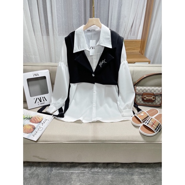 Set sơ mi tay phồng phối áo gile thêu chữ HGC729 | BigBuy360 - bigbuy360.vn