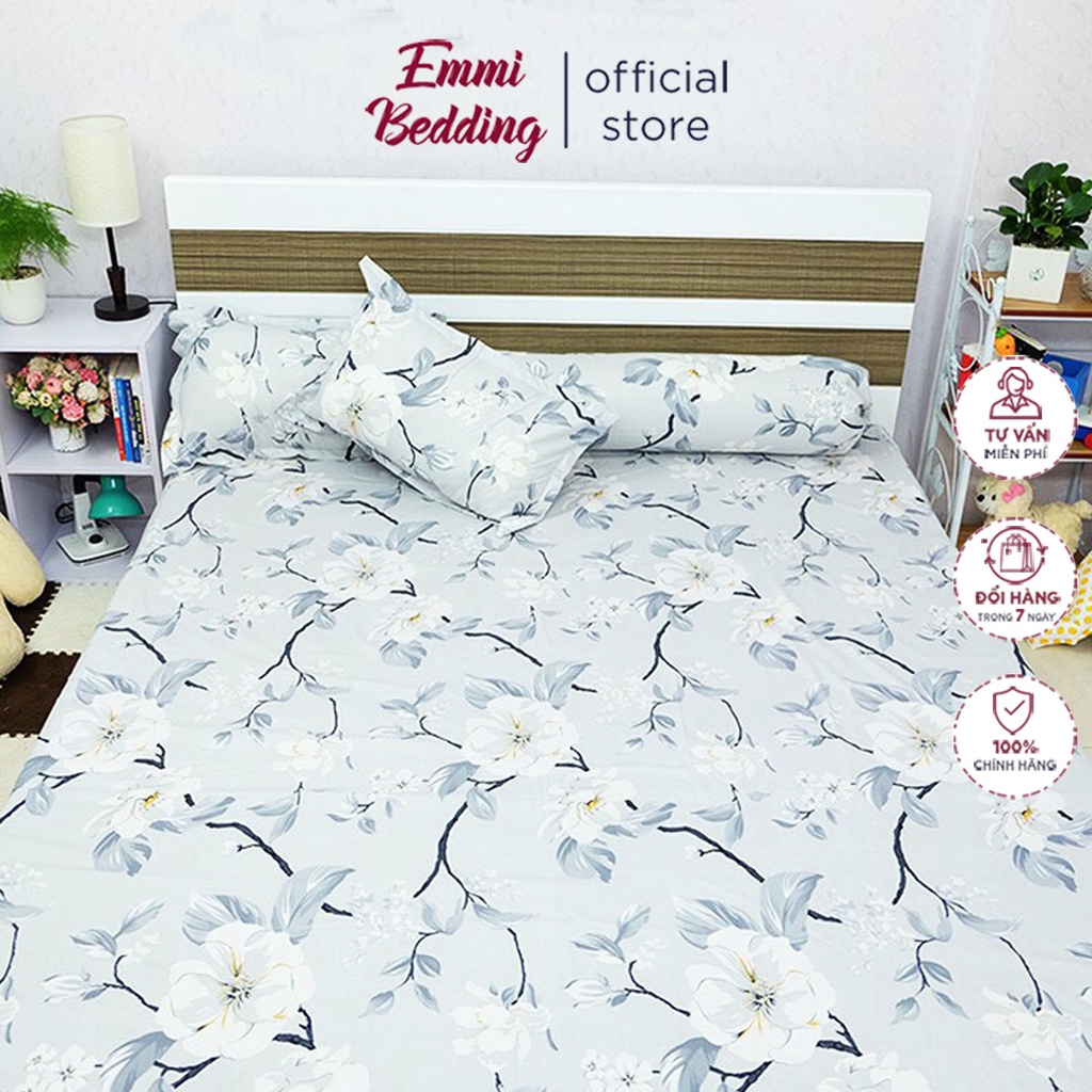 Bộ ga chun và 2 vỏ gối cotton poly Emmidecor - Mẫu hoa ghi siêu đẹp