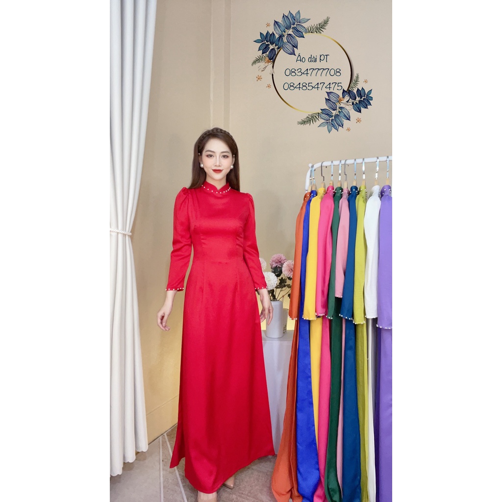 Áo dài lua tây thi tay bồng đính ngọc - Áo Dài HT