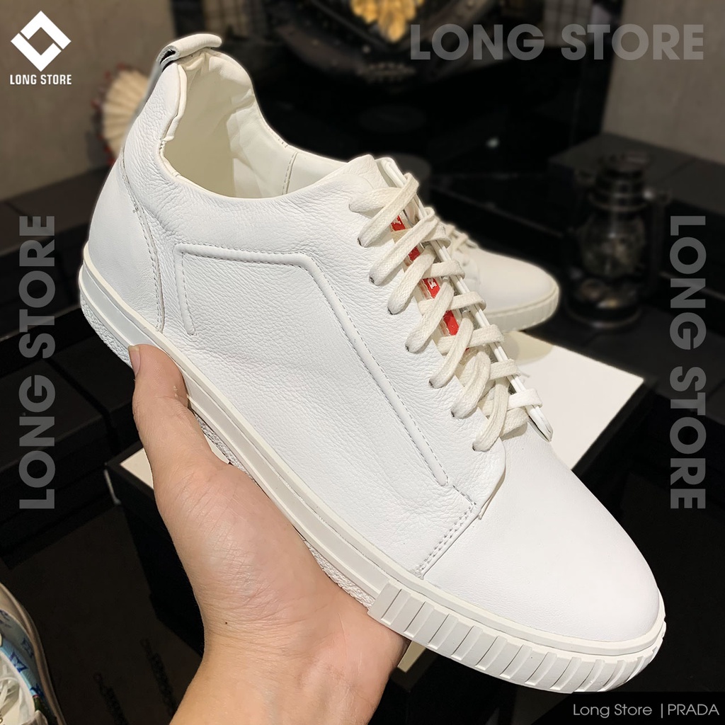 Giày thể thao nam đẹp sneaker đế cao da bò thật cao cấp màu trắng tăng chiều cao 3cm LONGSTORE