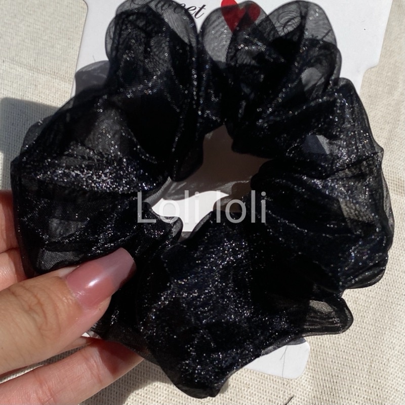 scrunchies cột tóc voan ánh nhũ óng ánh vải xịn