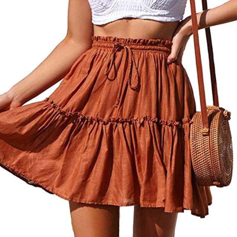 Pleated Mini Skirt Women High Waist Elastic Ruffle Summer Beach Boho