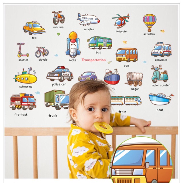 Decal giấy dán tường phương tiện giao thông kèm tiếng anh cho bé