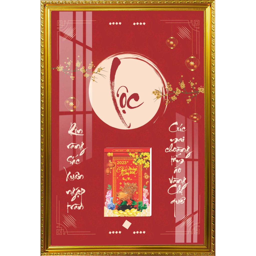 Lịch Gỗ Phù Điêu Khung Vàng Cao Cấp Treo Tường Laminate Tráng Gương 2023 (45 x 65cm) - Thư Pháp Chữ Lộc