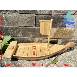 Thuyền gỗ dài 58cm trang trí sushi khay thuyền gỗ đựng sashimi khay gỗ decor món nhà hàng Nhật Bản gỗ Thông nhập khẩu