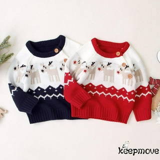 TXT-Christmas Children´s Sweater, Round Neck Long Sleeve Loose Sweater with Elk Pattern for Spring and Winter