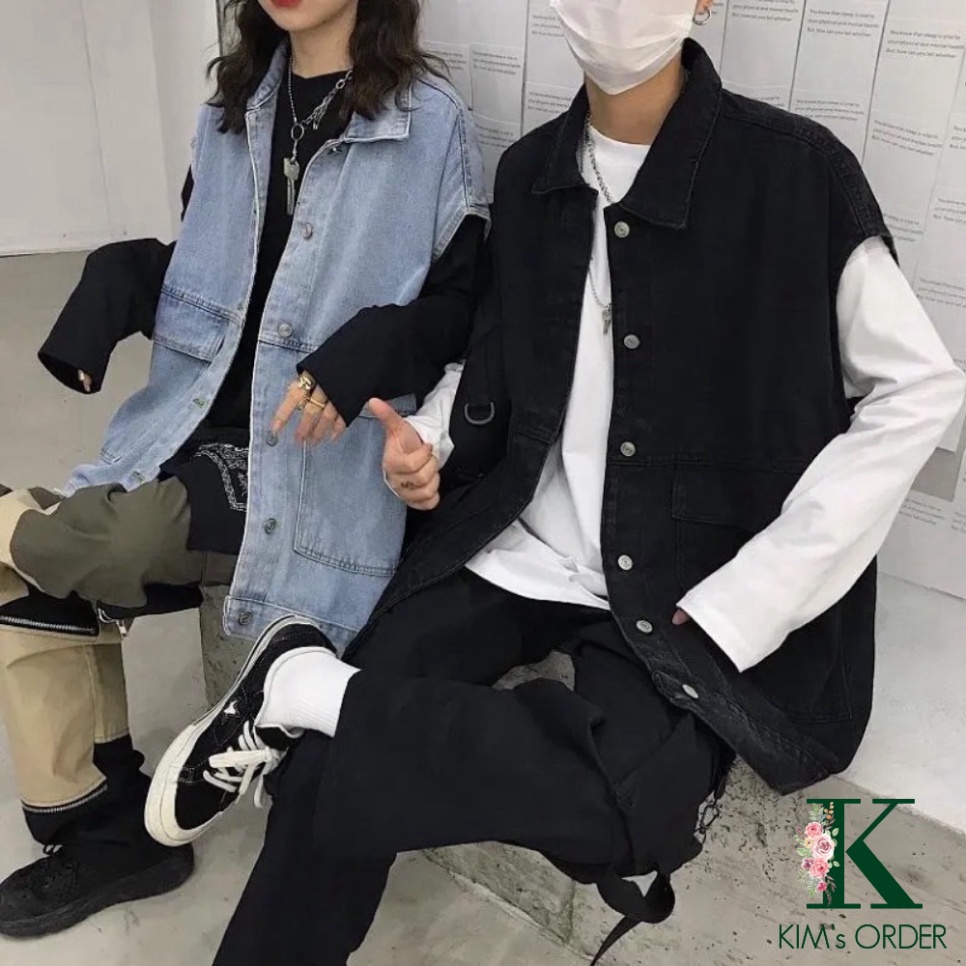 Áo khoác nữ jean màu xanh đen sát nách phom rộng nam nữ Unisex phong cách bụi bặm cực chất Ulzzang Hàn Quốc