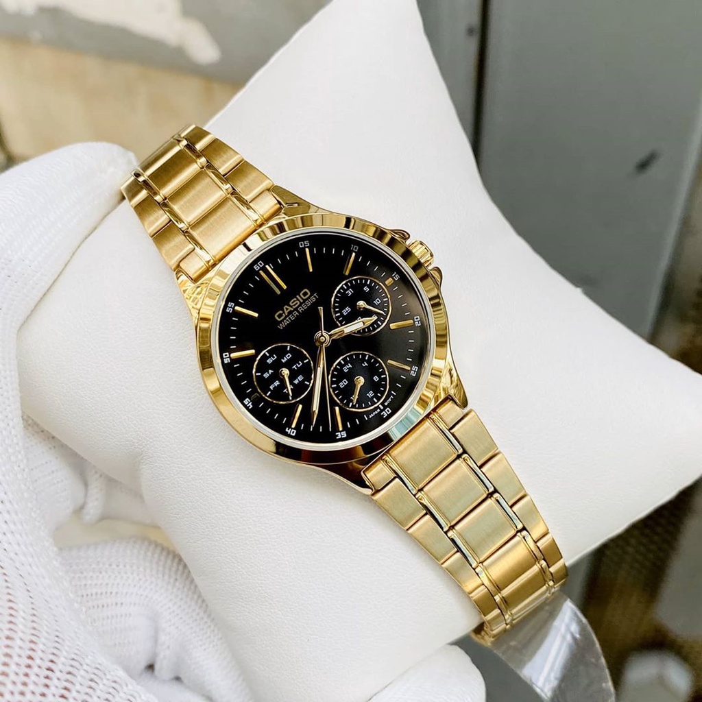 Đồng hồ Đôi Nam nữ Casio V300G, đồng hồ chính hãng, dây thép màu vàng mặt 6 kim