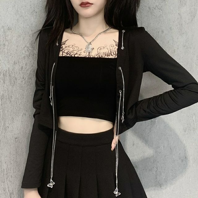 (Sẵn S) Áo thun cardigan croptop phối xích bươm bướm phong cách ulzzang trẻ trung cá tính