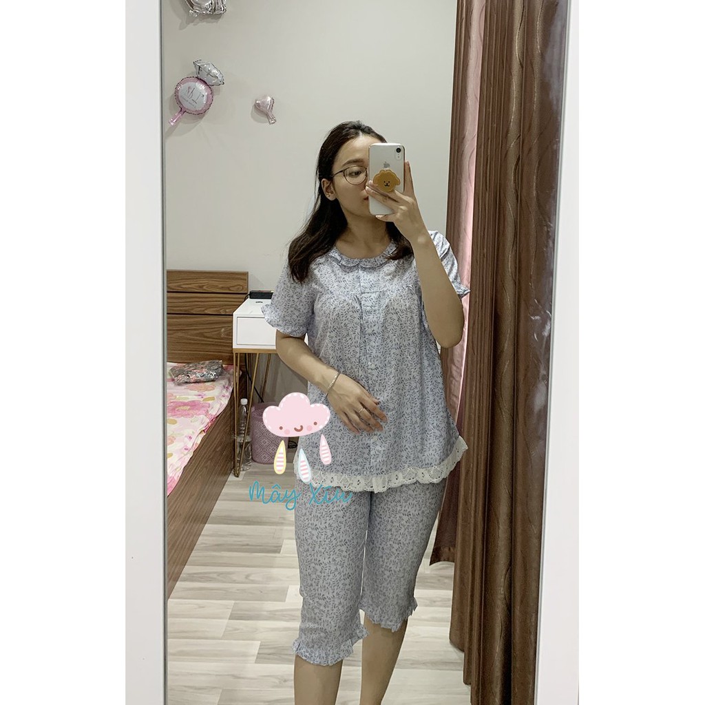 (S,M) Bộ ngủ áo cộc quần lỡ lụa modal cho mẹ cành lá nhỏ xanh ACQL-14