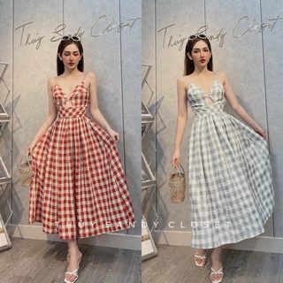 Đầm hai dây caro buộc nơ lưng