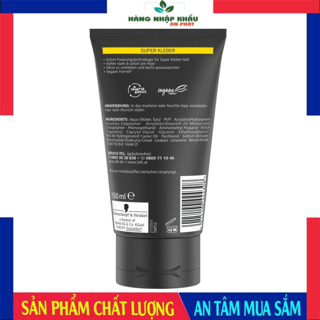 Keo vuốt tóc nam siêu cứng Taft Schwarzkopf Super Kleber 14, keo vuốt tóc nam giữ nếp tóc, 150 ml