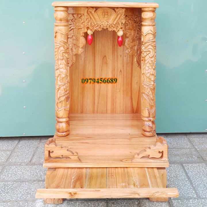 Bàn thờ thần tài ông địa gỗ xoan ngang 42cm quỳ trụ