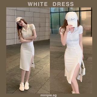 Đầm Trắng Thun Gân Ôm Body Nút Chéo Xẻ Minipie