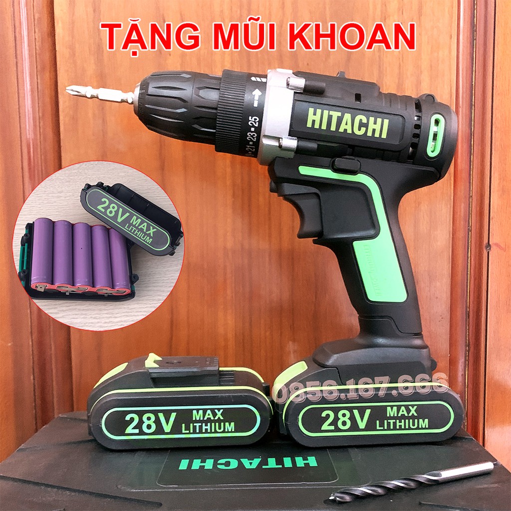 [TẶNG MŨI KHOAN] MÁY KHOAN HITACHI 28V - MÁY KHOAN DÙNG PIN HITACHI - ĐA NĂNG - LOI ĐÒNG - PIN 5 CELL