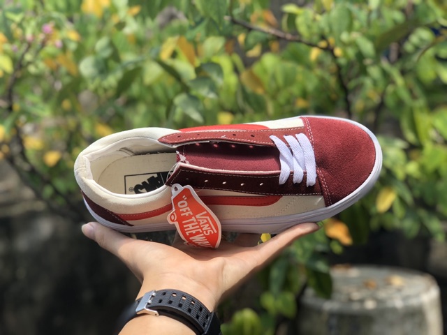 Giầy vans style kẻ đỏ da thật lót trắng 1:1 ( full box + free ship )