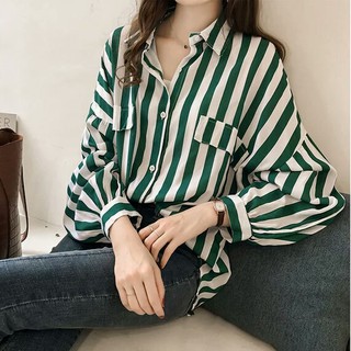 Áo Sơ Mi Nữ Tay Dài Dáng Rộng Họa Tiết Sọc Dọc Plus Size Phong Cách Hong Kong