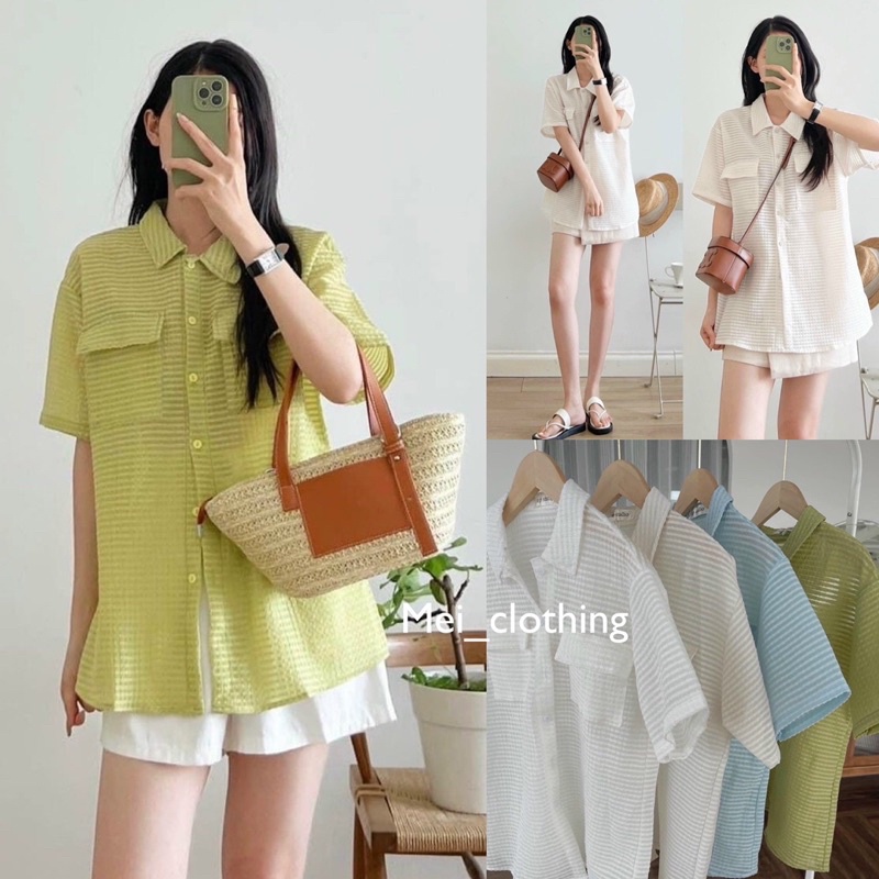 [Ảnh thật/video] Áo sơmi xốp 2 túi ngực kẻ chìm trendy/ sơ mi cộc tay