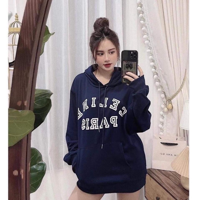 Áo Nỉ Hoodie Mũ Paris Màu Xanh Than Dáng Rộng Giấu Quần