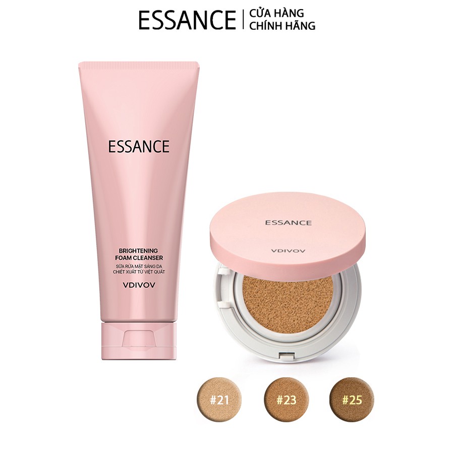 Combo Sữa rửa mặt Essance Britening Foam Cleanser và Phấn nước mịn lì mờ khuyết điểm Veil Fit Cushion SPF50+ PA+++