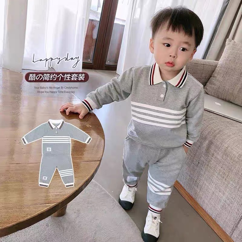 Đồ bộ bé trai, Set quần áo dài thu đông 4 vạch kẻ ngang chất nỉ da cá đẹp trai cho bé từ 8 đến 20 kg, DUCK387