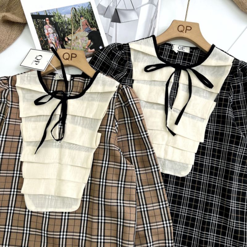 Áo sơmi kẻ bèo nơ ngực hàng L1