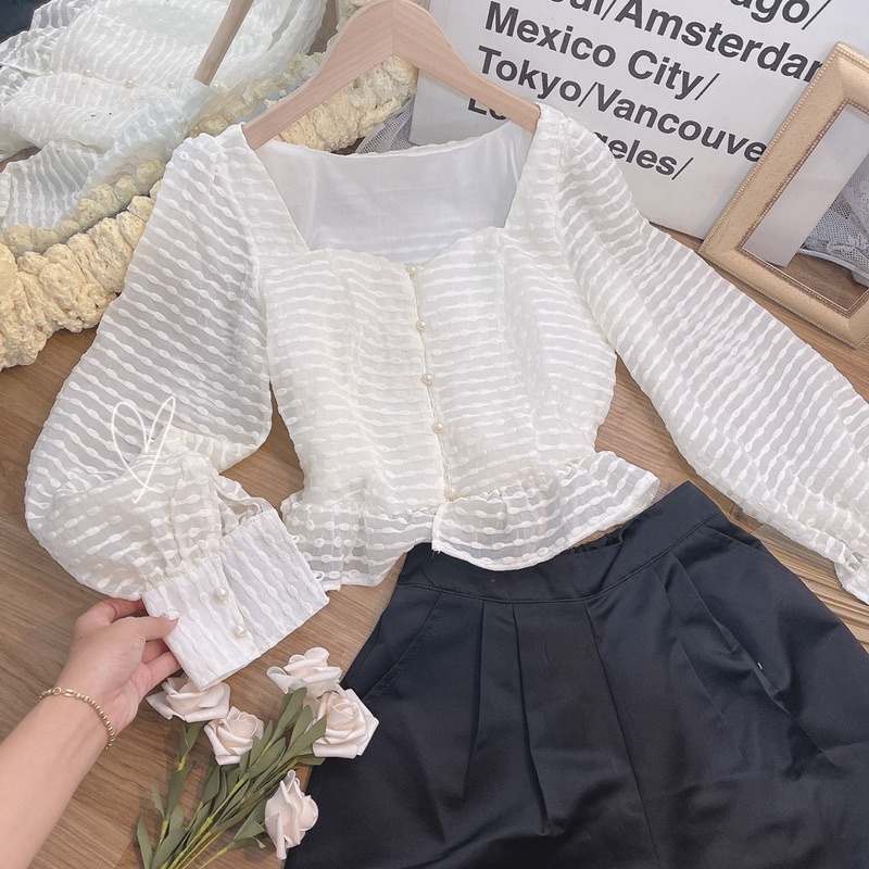 SET ÁO PEPLUM BI NỔI XỐP KEM + QUẦN SHORT ĐEN
