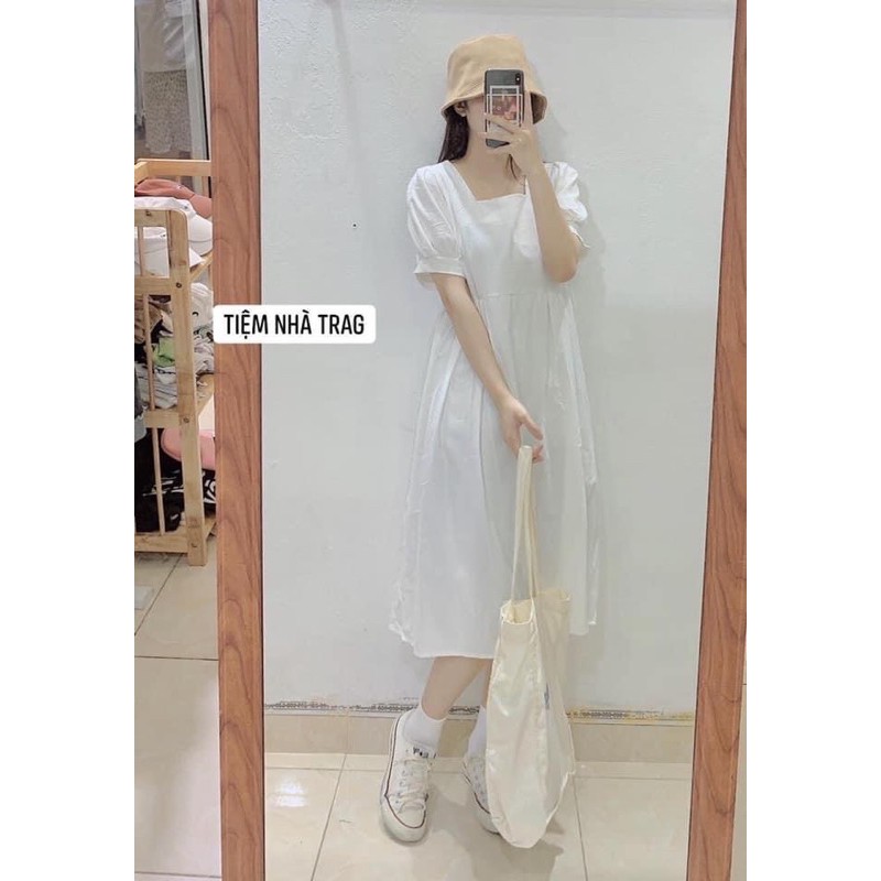 Váy Trắng Trễ Vai Tay Cộc Cổ Thuyền - Đầm Cổ Vuông Bo Chun Tay Phồng Hot Ảnh Thật | BigBuy360 - bigbuy360.vn