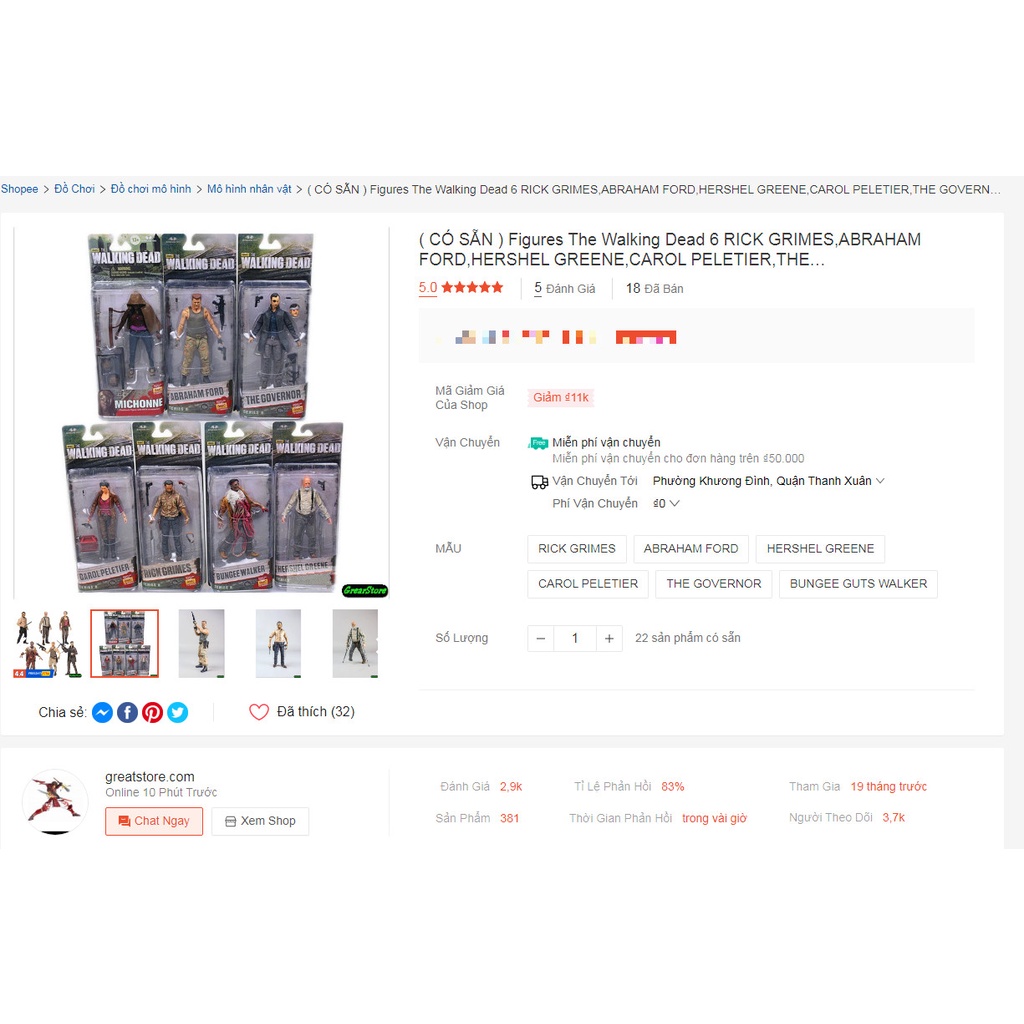 Figures The Walking Dead 6 RICK GRIMES,ABRAHAM FORD,HERSHEL GREENE,CAROL PELETIER,THE GOVERNOR,BUNGEE