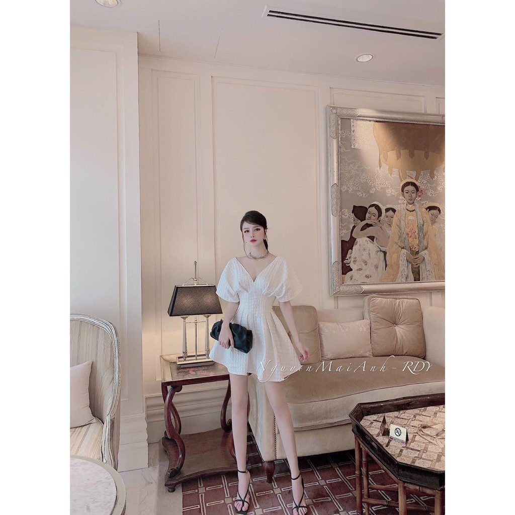 đầm xòe dự tiệc tay cánh dơi cổ v xếp ly eo mẫu thời trang nữ xinh lung linh LS059