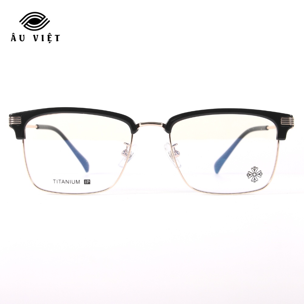 Gọng kính kim loại titanium Ch 7213 nam nữ unisex dáng chữ nhật vuông clubmaster màu vàng/bạc Full box