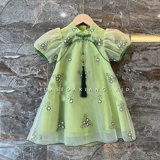 Đầm Sườn Xám Phối Lưới Thêu Hoa Phong Cách Trung Hoa Cho Bé Gái