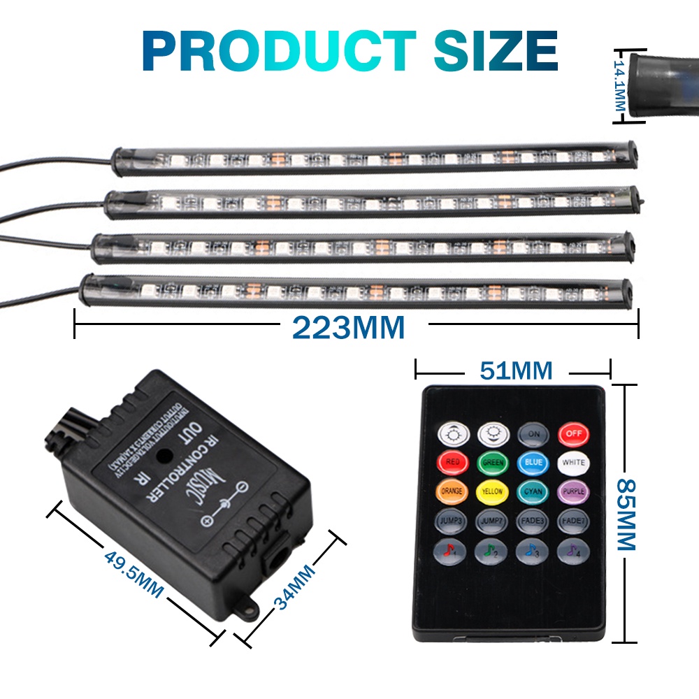 UNI-SHINE 4PCS 12 LEDs Car Interior Decorative Lighting USB RGB LED Light Strip ( Foot Lamp / Door Side / Car Interior )