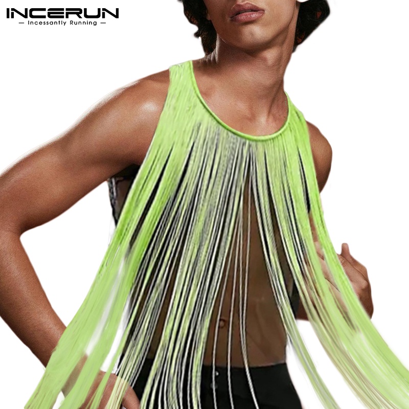 Áo tank top INCERUN cổ tròn phối tua rua xuyên thấu thời trang mùa hè cho nam