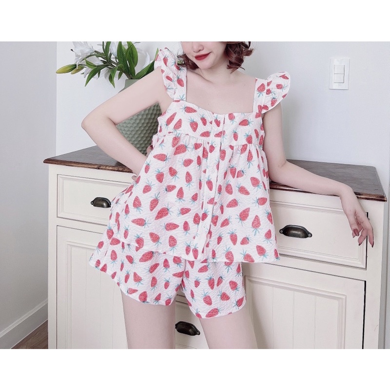 (Bigsize dưới 70kg) Bộ pijama mặc nhà cánh tiên đùi đũi xốp dễ thương cho bạn nữ