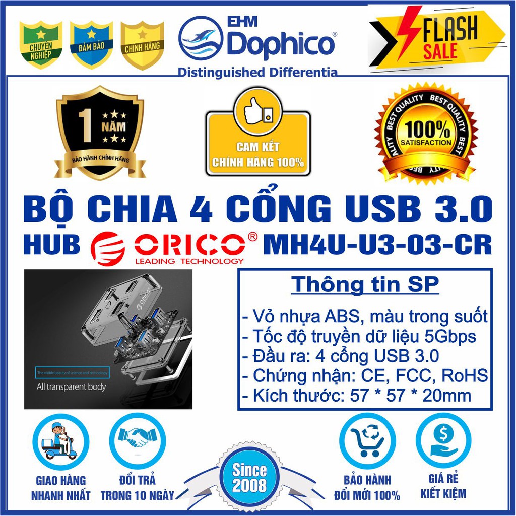 Bộ chia 4 cổng USB 3.0 – Hub Orico MH4U-U3-03-CR – Trong suốt – Chính Hãng – Bảo hành 12 tháng – USB3.0 Four – Port Hub