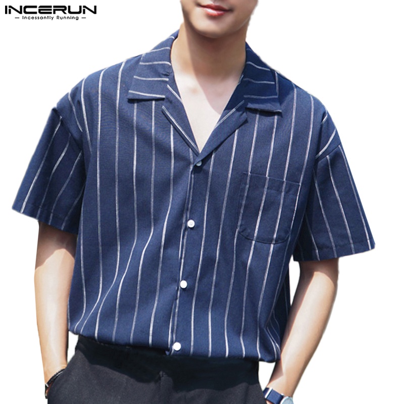 Áo sơ mi INCERUN tay ngắn kẻ sọc thông minh cho nam