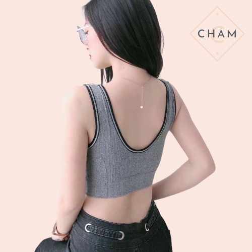 Áo bra tập Gym và Yoga dáng croptop, áo tập thể thao viền kẻ vai bản + kèm mút nâng ngực