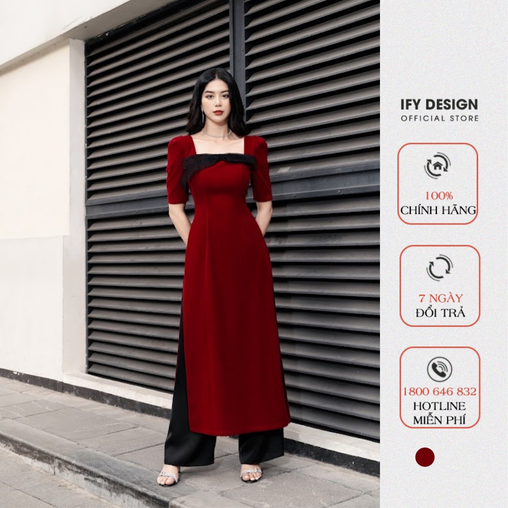 Áo dài cách tân cổ vuông ngắn tay bồng màu đỏ IFY Design FAD03A