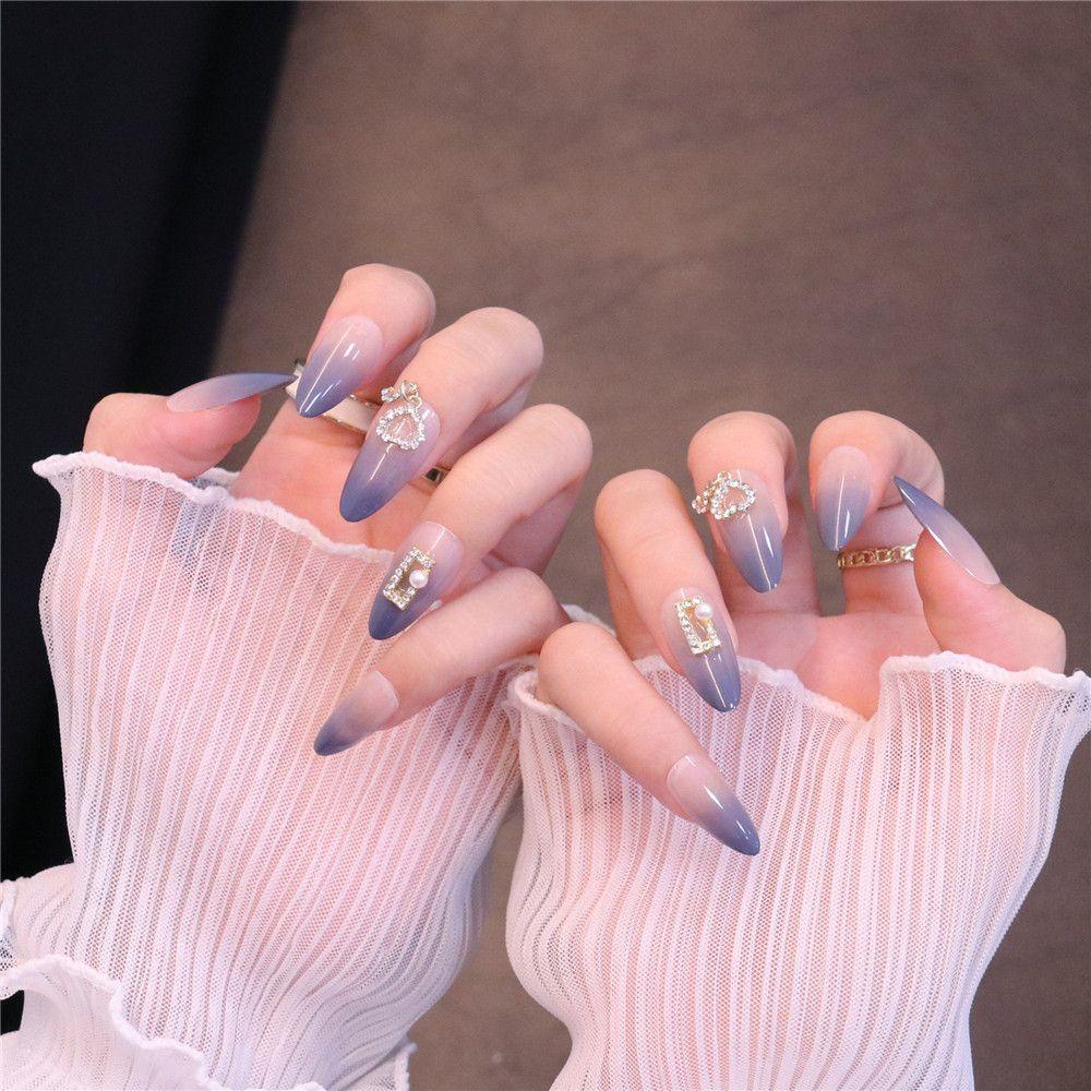 MIHAN1 Bộ 24 Móng Tay Giả Đính Nơ Thời Trang