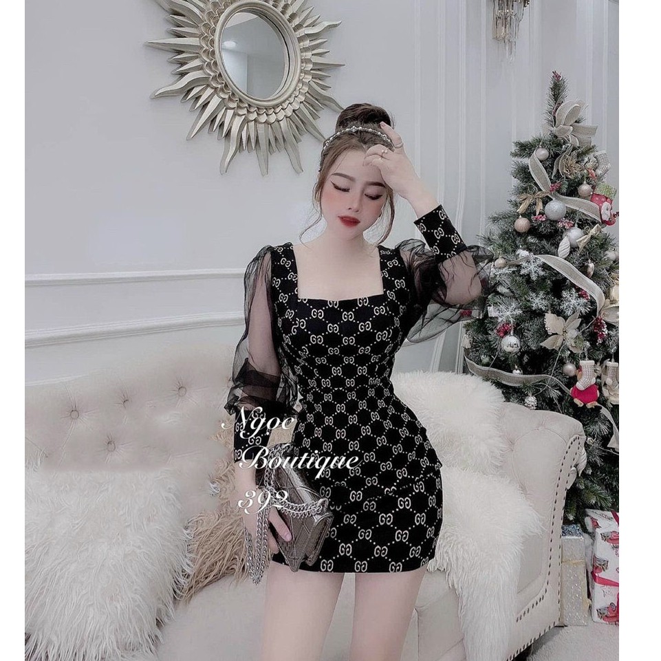 Đầm Nữ Body Sang Trọng Cổ Vuông Tay Dài Phối Lưới Họa Tiết Màu Đi In Hình Thời Trang Dự Tiệc Dạo Phố - Winchois