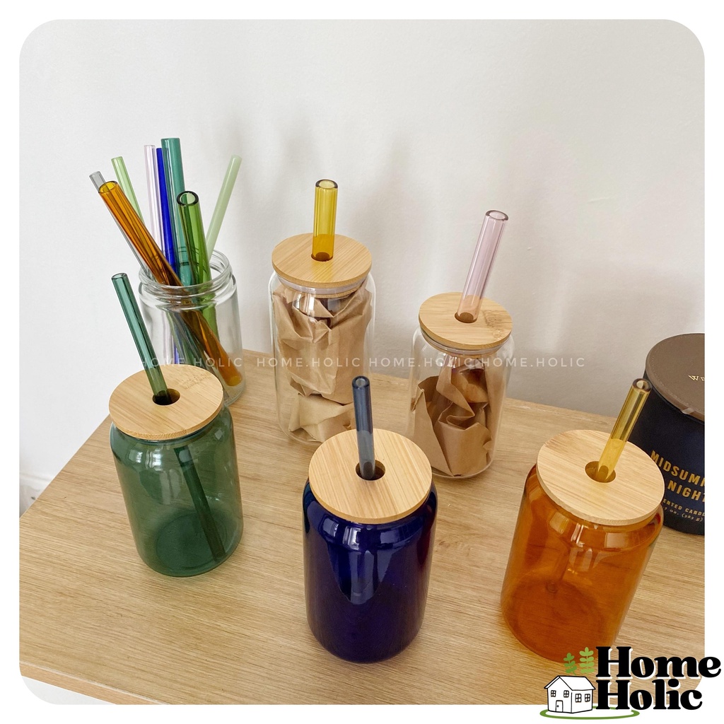 Bình Thuỷ Tinh Có Nắp Gỗ Tre  Borosilicate  Dáng Lon Nước Glass Can Nhiều Màu 380ml - 400ml Home Holic