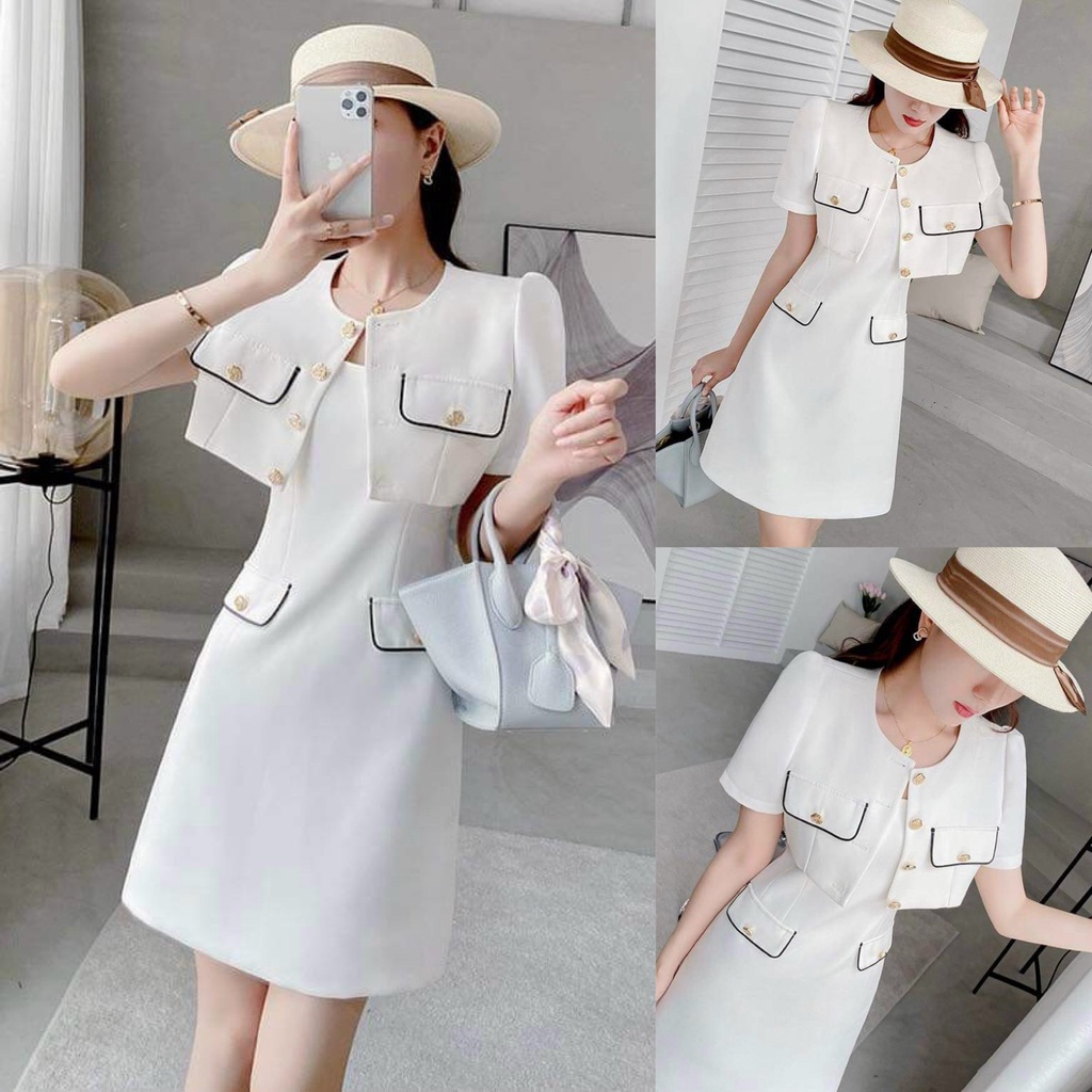 Đầm váy nữ ba lỗ phối viền mix áo khoác ngoài croptop đính nút xinh xắn, sang chảnh dành cho các nàng yêu đi chơi