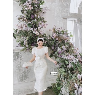Đầm gấm xốp tay cánh tiên  thắt nơ eo