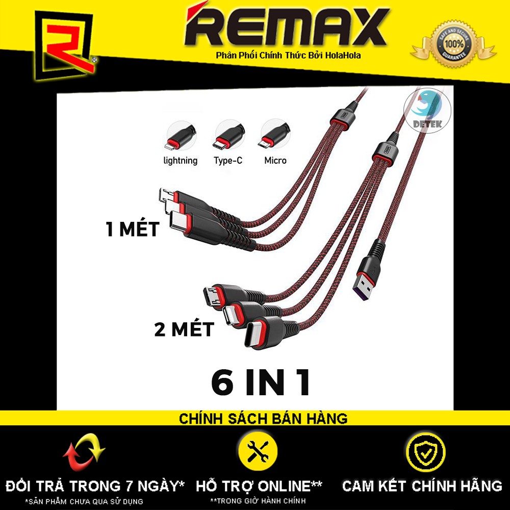 Cáp sạc Remax 6 in 1 RC-153 2 Cổng Type C, 2 Cổng Lightning, 2 Cổng MicroUSB (Đỏ - Đen)