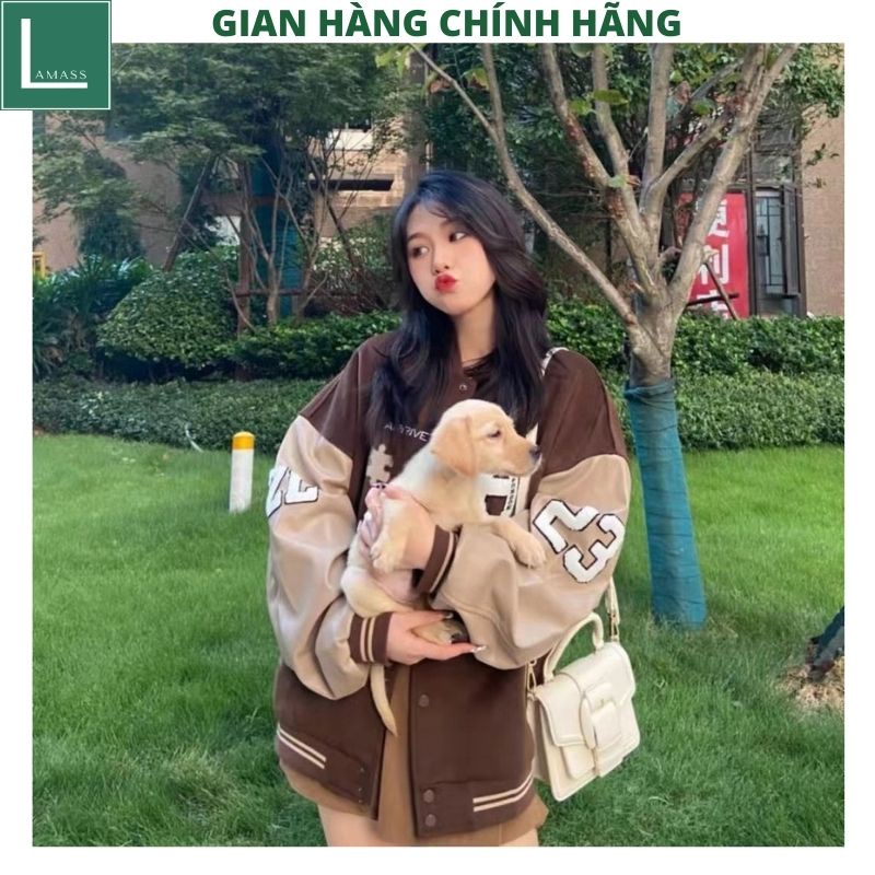 Áo khoác Bomber thể thao màu nâu thêu chữ A- Áo bóng chày jackit from rộng nam nữ UNISEX phối tay phong cách ulzzang