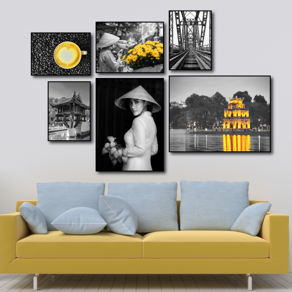 Tranh treo tường canvas Hà Nội đen trắng nghệ thuật decor trang trí phòng khách, phòng ngủ có khung cao cấp cỡ lớn 40x60