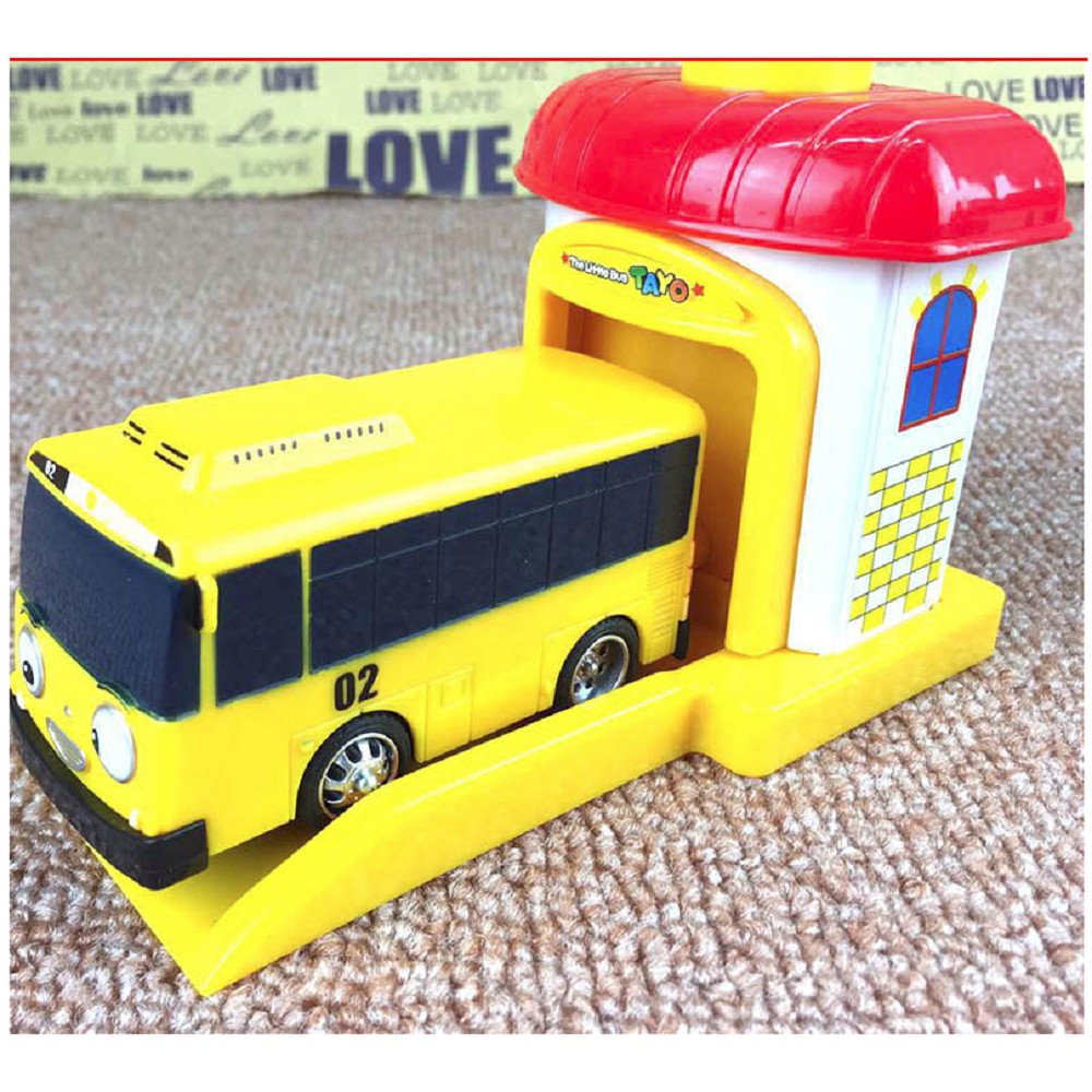 Bộ xe ô tô buýt Tayo The Little bus gồm 1 xe và nhà có nút bấm để đẩy- xe ô tô đồ chơi trẻ em chạy cót